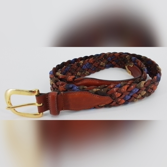 VTG Mens Brown Leather Brass Buckle & End BLUE Woven MULTICOLORED BELT sz 44 - Picture 1 of 3